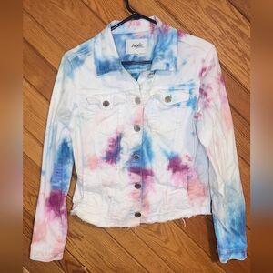 Angels Forever Young Hand Tie-Dyed White Distressed Medium Denim Jacket